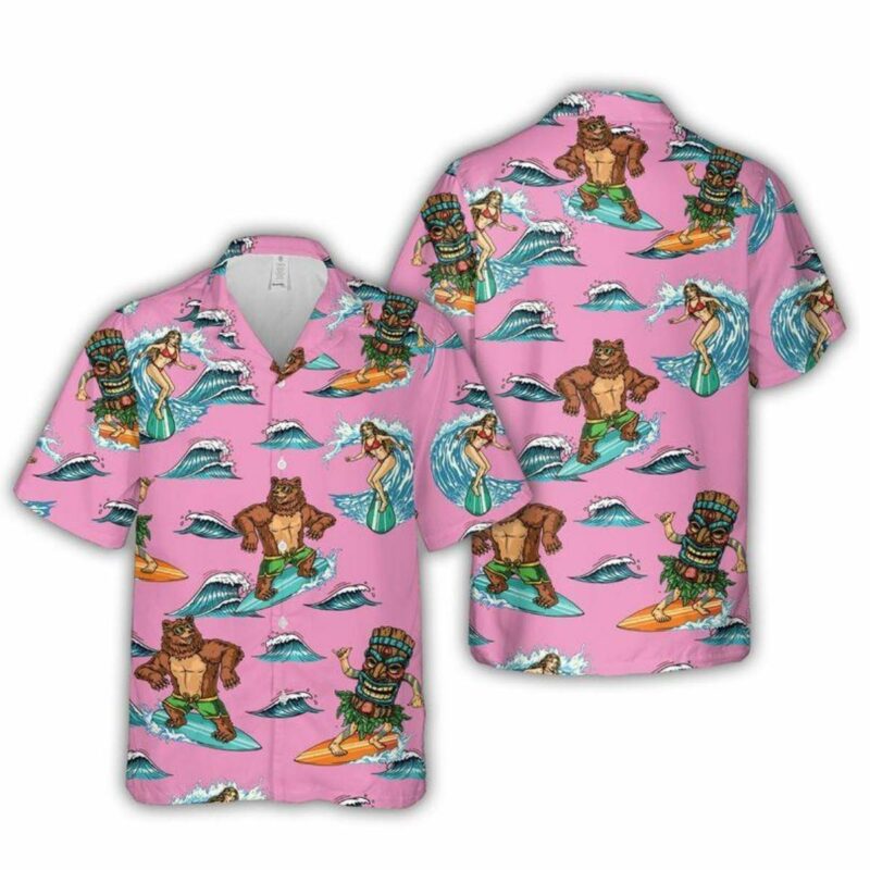 Surfing Bear Pink Tiki Party Hawaiian Shirt