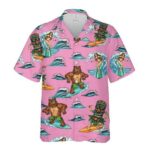 Surfing Bear Pink Tiki Party Hawaiian Shirt Front
