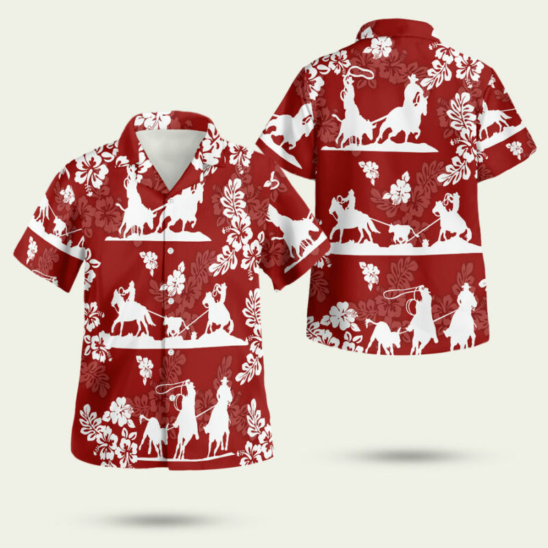 Team Roping Red Hibiscus Hawaiian Shirt