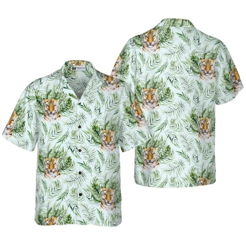 Tropical Green Leaves And Jungle Tiger Hawaiian Shirt