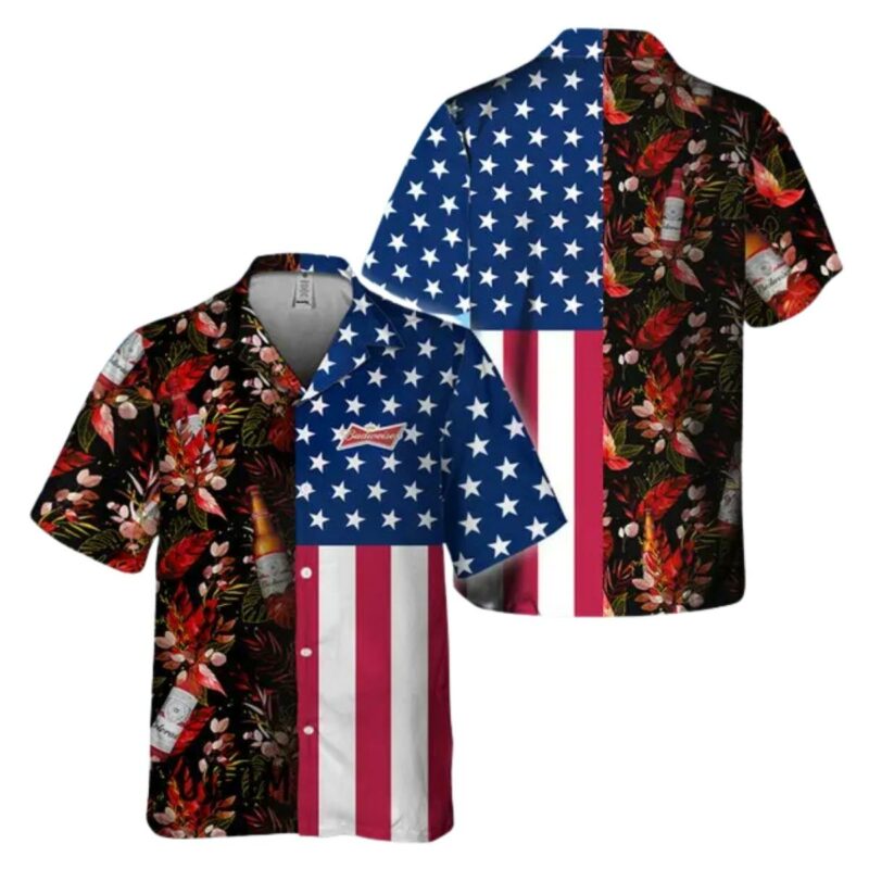 Us Flag Budweiser Tropical Flowers Hawaiian Shirt
