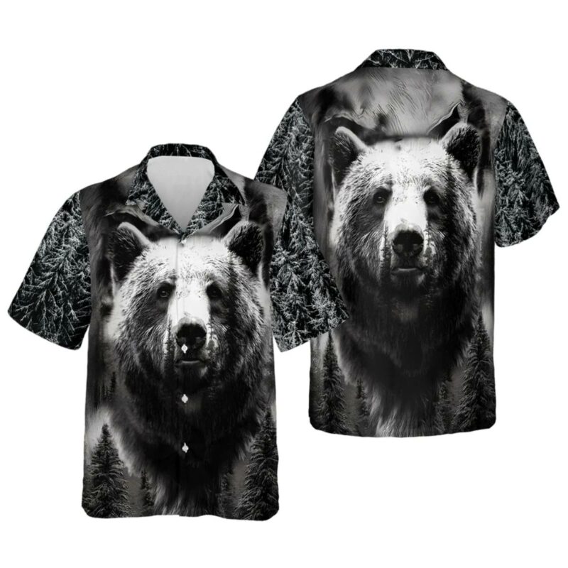 Wild Bear Black And White Portrait Hawaiian Shirt